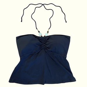 Black Ralph Lauren Large Swimsuit Tankini Top Beaded Necklace Tie Gold MOP